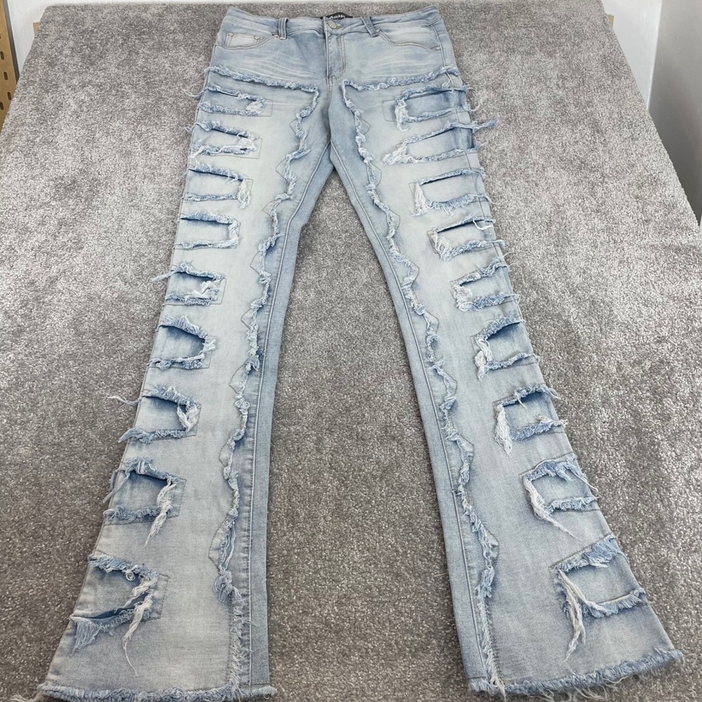 Guapi Jeans Mens‎ 34 Distressed Patchwork Flare Light Wash Denim Frayed Street